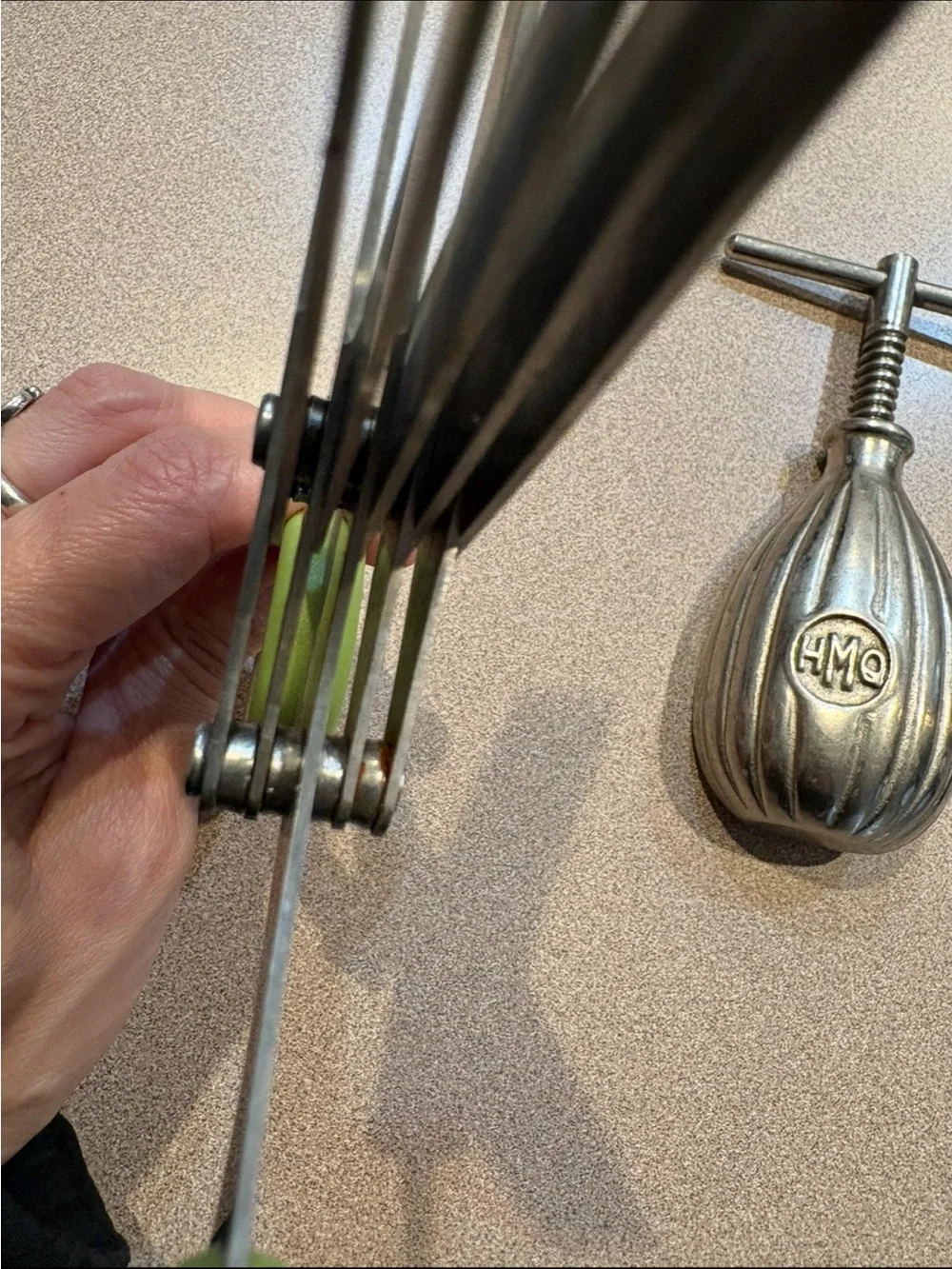 Kitchen Tool Lot: Stainless Steel Garlic Press + Scoop + Green-Handled Scissors